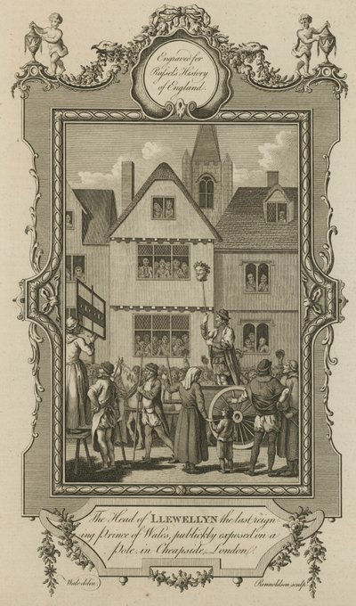 Der Kopf von Llewellyn, dem letzten regierenden Prinzen von Wales, öffentlich auf einem Pfahl in Cheapside, London ausgestellt von English School
