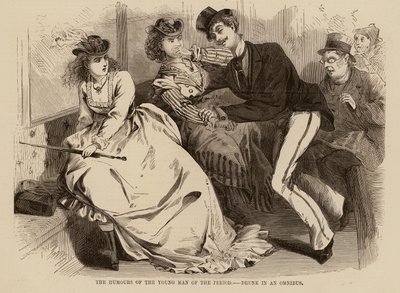 Die Launen des jungen Mannes der Zeit, betrunken in einem Omnibus (Gravur) von English School