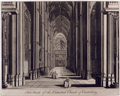 Das Innere der Kathedrale von Canterbury, Blick auf das Kirchenschiff vom Westende, ca. 1700-43 von English School