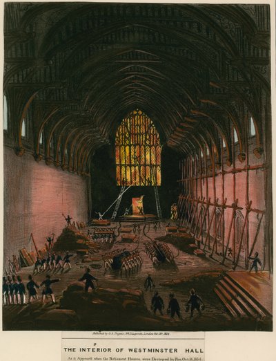 Das Innere der Westminster Hall, wie es erschien, als die Parlamentshäuser durch Feuer zerstört wurden von English School