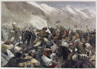 Der letzte afghanische Krieg: Tod von Major Wigram Battye in der Schlacht von Futtehabad am 30. April (farbiger Stich) von English School