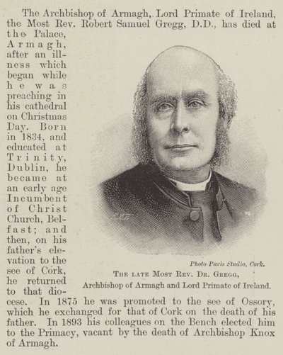 Der verstorbene Erzbischof Dr Gregg, Erzbischof von Armagh und Lord Primas von Irland (Gravur) von English School