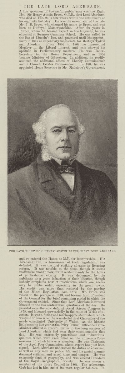 Der verstorbene ehrenwerte Henry Austin Bruce, erster Lord Aberdare (Gravur) von English School
