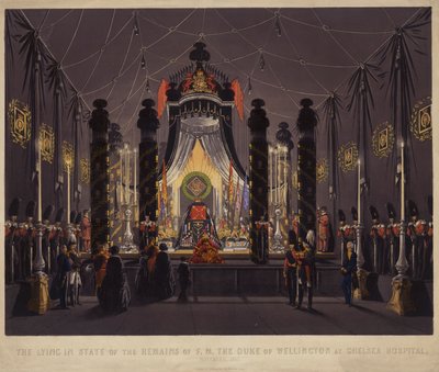 Aufbahrung der Überreste von F M Der Herzog von Wellington im Chelsea Hospital, November 1852 (kolorierte Gravur) von English School