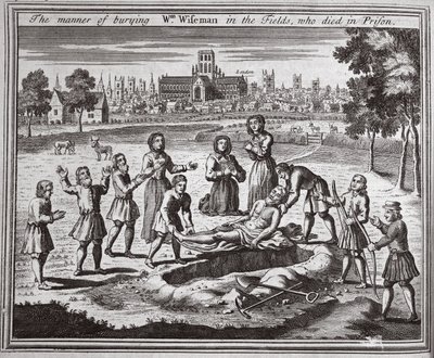 Die Art der Beerdigung von Wm Wiseman auf den Feldern, der im Gefängnis starb, Illustration aus Foxes Märtyrer, ca. 1703 von English School