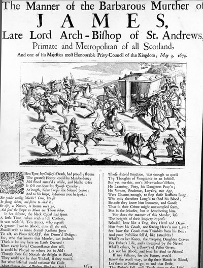 Die Art des barbarischen Mordes an James, dem verstorbenen Erzbischof von St. Andrews, Primas und Metropolit von ganz Schottland, 1679 von English School