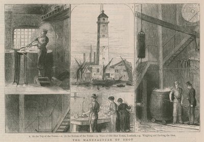 Die Herstellung von Schrot; Ansicht des alten Schrotturms, Lambeth von English School