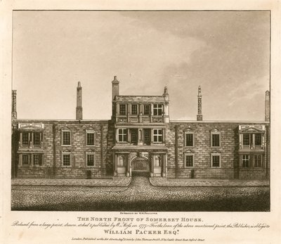 Die Nordfront des Somerset House, The Strand, London, basierend auf einem Druck von W. Moss aus dem Jahr 1777 von English School