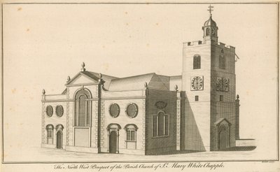Die nordwestliche Aussicht auf die Pfarrkirche St. Mary, Whitechapel, London von English School