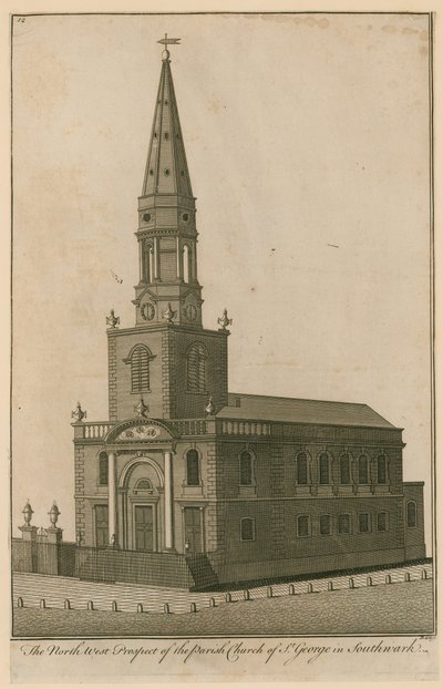 Die nordwestliche Aussicht auf die Pfarrkirche St. George in Southwark, London von English School
