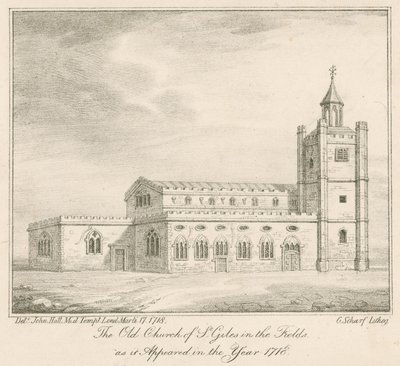 Die alte Kirche von St Giles in the Fields, London, wie sie im Jahr 1718 erschien von English School