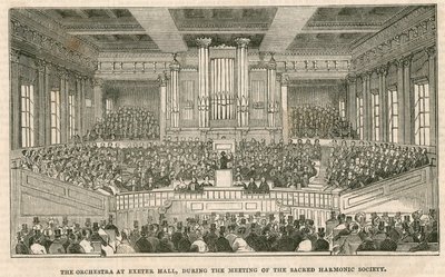 Das Orchester in Exeter Hall, London, während des Treffens der Sacred Harmonic Society von English School