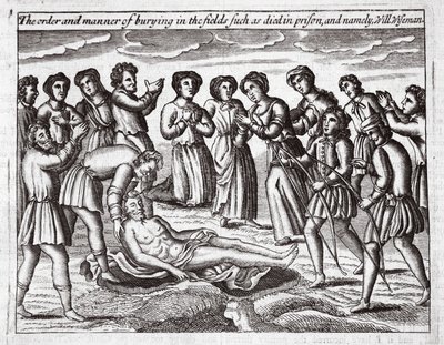 Die Ordnung und Weise der Beerdigung auf den Feldern derer, die im Gefängnis starben, und namentlich Will Wiseman, Illustration aus Acts and Monuments von John Foxe, neunte Ausgabe, veröffentlicht 1684 von English School