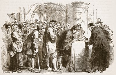 Die Menschen unterzeichnen den Bund in der St. Giles Kirche, Edinburgh, Illustration aus Cassells Illustrierter Geschichte Englands von English School