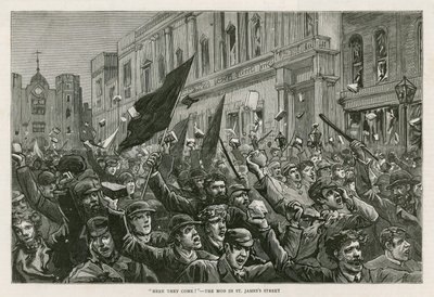 Die Unruhen im West End von London, 8. Februar 1886: Hier kommen sie! - Der Mob in der St Jamess Street, London von English School