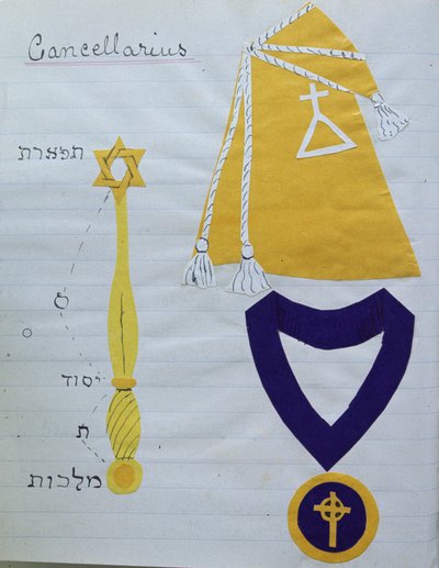 Die Robe (mit dem Symbol des Ordens) und die Insignien des Sekretärs (Cancellarius) des Hermetischen Ordens der Goldenen Morgenröte, ca. 1895 von English School