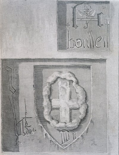 Die Unterschrift von Anne Boleyn mit der Tudor-Rose während ihrer Gefangenschaft im Tower of London und eine andere Gefangenen-Schnitzerei eines Kreuzes, 1815 von English School