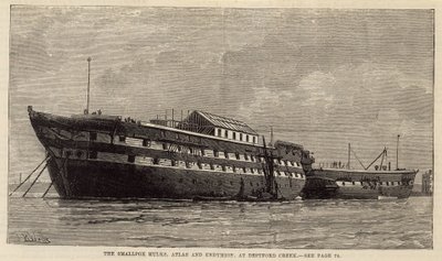 Die Pocken-Hulks, Atlas und Endymion, bei Deptford Creek von English School