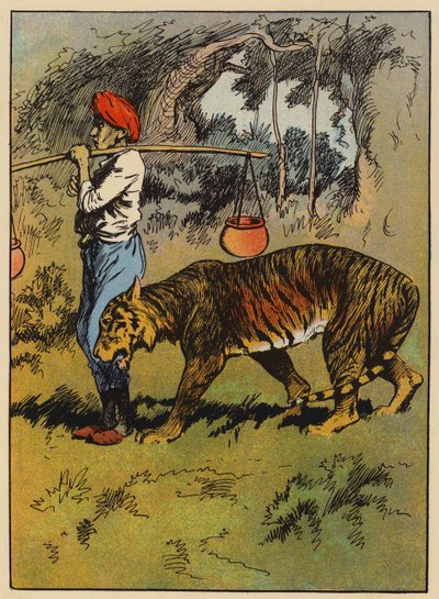 Der Tiger reibt sich am Bein des Mannes von English School