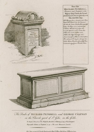 Die Gräber von Richard Pendrell und George Chapman auf dem Kirchhof von St Giles in the Fields, London von English School