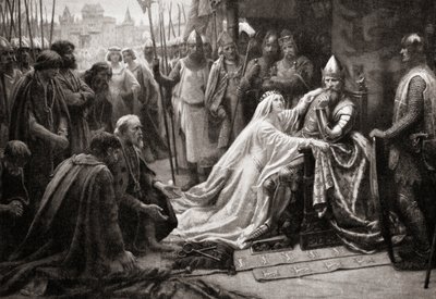 Die Frau von König Edward III., Königin Philippa von Hennegau, bittet ihren Mann, das Leben der sieben Bürger von Calais zu verschonen (Druck) von English School