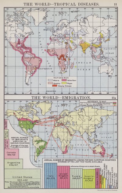 Die Welt, Tropenkrankheiten, Die Welt, Auswanderung (Farblithografie) von English School
