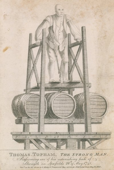 Thomas Topham, der starke Mann, führt eine seiner erstaunlichen Kraftakte in Spitalfields vor, 28. Mai 1741 von English School