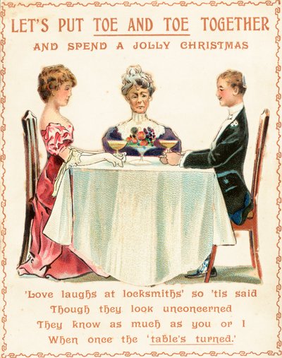 Drei mürrische Personen sitzen am Tisch, Weihnachtskarte von English School
