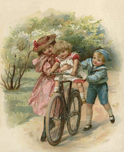 Drei Kinder spielen mit einem Fahrrad von English School