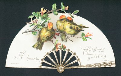 Drei kleine Vögel auf Fächer sitzend, Weihnachtskarte von English School