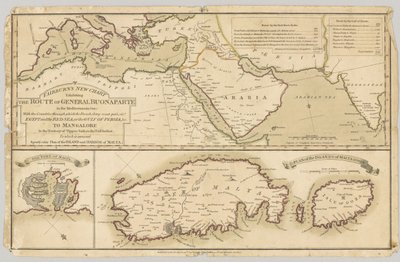 Drei gedruckte farbige Karten: Fairburns Neue Karte, die die Route von General Bonaparte im Mittelmeer zeigt, 1798 von English School