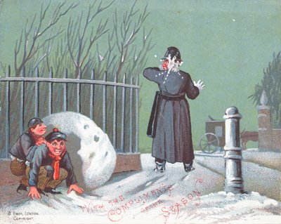 Schneebälle auf Polizisten werfen, Weihnachtskarte von English School