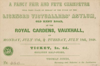 Eintrittskarte für eine Fancy Fair und Fete Champetre in den Royal Gardens, Vauxhall, London von English School