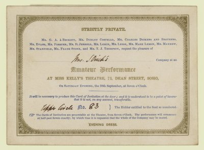 Eintrittskarte für Charles Dickens Amateurtheateraufführung, 1845 von English School