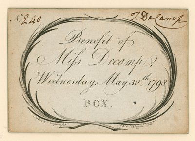 Ticket für Drury Lane Theatre, London: Benefiz von Miss Decamp, 30. Mai 1798 von English School
