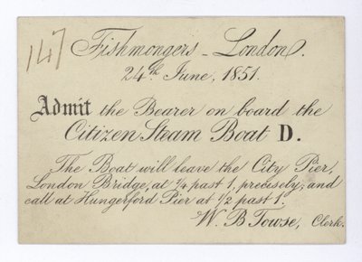 Eintrittskarte für Londoner Fischhändler zur Bootsfahrt auf dem Citizen Dampfschiff, 24. Juni 1851 von English School