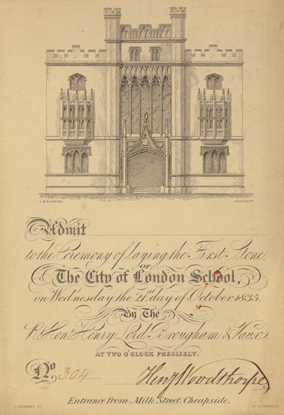 Ticket für die Grundsteinlegung der City of London School, 21. Oktober 1835 von English School