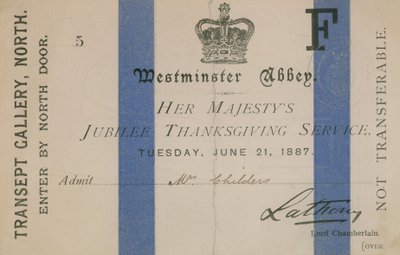 Eintrittskarte zum Jubiläumsgottesdienst Ihrer Majestät von English School