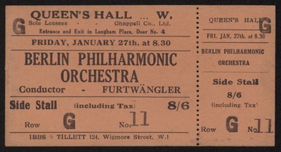 Eintrittskarte zu einem Konzert des Berliner Philharmonischen Orchesters, Queens Hall, London, Freitag, 27. Januar 1928 von English School
