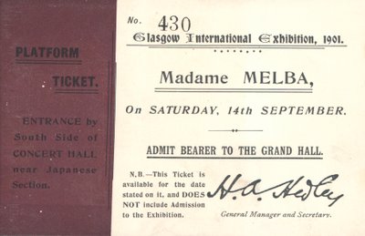 Eintrittskarte für Nellie Melba bei der Glasgow International Exhibition, 1901 von English School