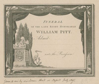 Eintrittskarte zur Beerdigung des verstorbenen William Pitt von English School