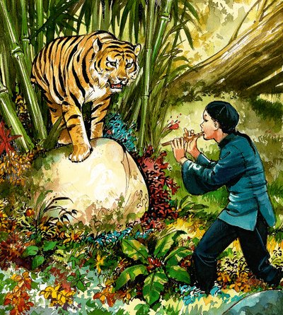 Tiger, der auf der Flöte gespielt wird von English School