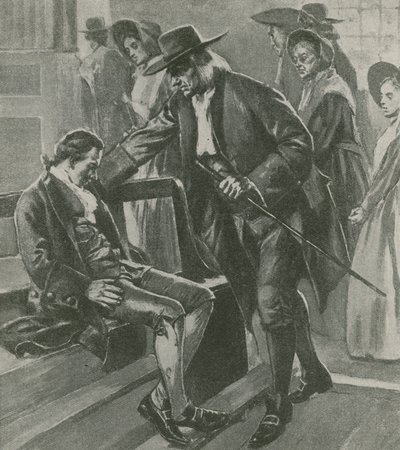 Müde und hungrig schläft Benjamin Franklin in einem Quäker-Versammlungshaus ein von English School