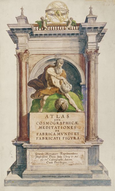 Titelseite aus Mercators Atlas sive Cosmographicae meditationes de fabrica mundi et fabricati figura, 1595 (Farbstich) von English School