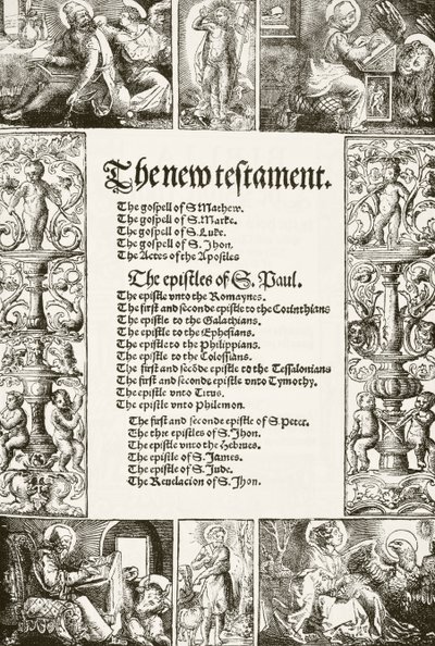 Titelseite von William Tyndales Neuem Testament, gedruckt in den 1530er Jahren, aus 