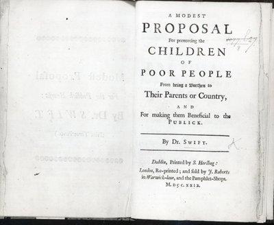 Titelseite zu Ein bescheidener Vorschlag von Jonathan Swift, veröffentlicht 1729 von English School