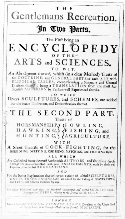 Titelseite zu The Gentlemans Recreation, veröffentlicht von Richard Blome, 1686 von English School