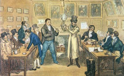 Tom Cribbs Salon im Union Arms, Holborn, hält Cribbs Pokal hoch, aus einer Aquatinta von Cruickshank aus Pierce Egans 