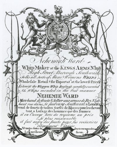 Handelskarte für Nehemiah Ward, Peitschenmacher aus Southwark von English School