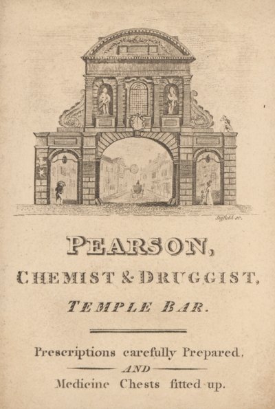 Handelskarte für Pearson, Chemiker und Drogist, Temple Bar, London (Gravur) von English School